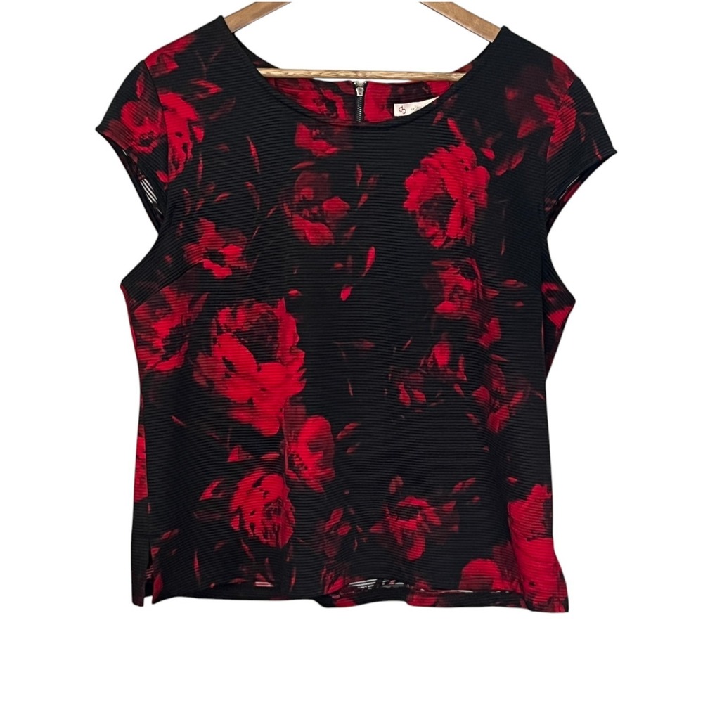 CB Womens Top Tailored Red Black Floral Short Sleeve Office Dressy Dark Rose XL